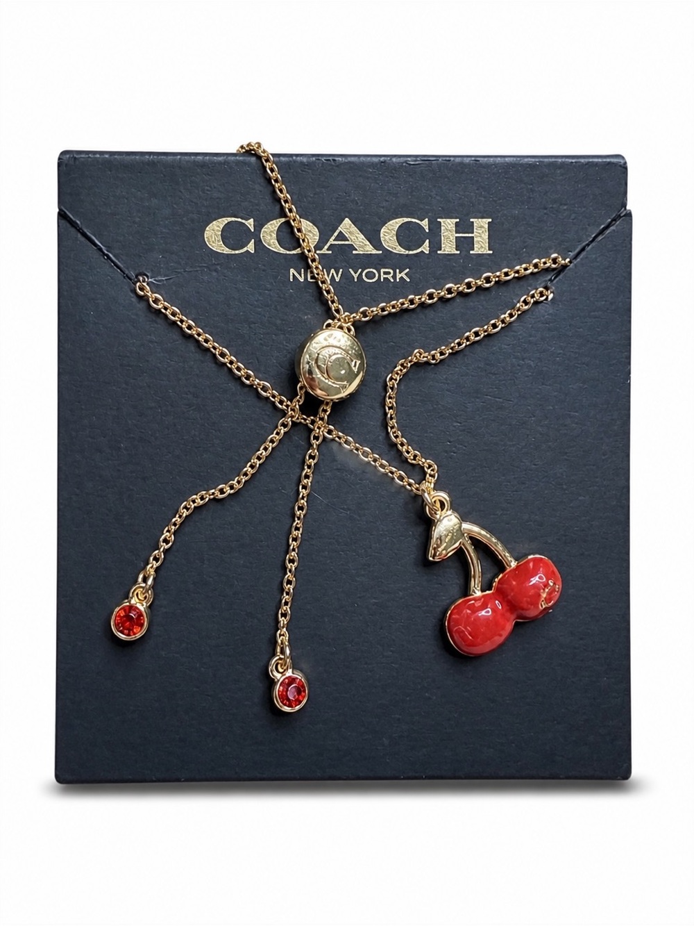 Coach Cherry Slider Bracelet Gold Tone Red Enamel Cherry Charm Rhinestone